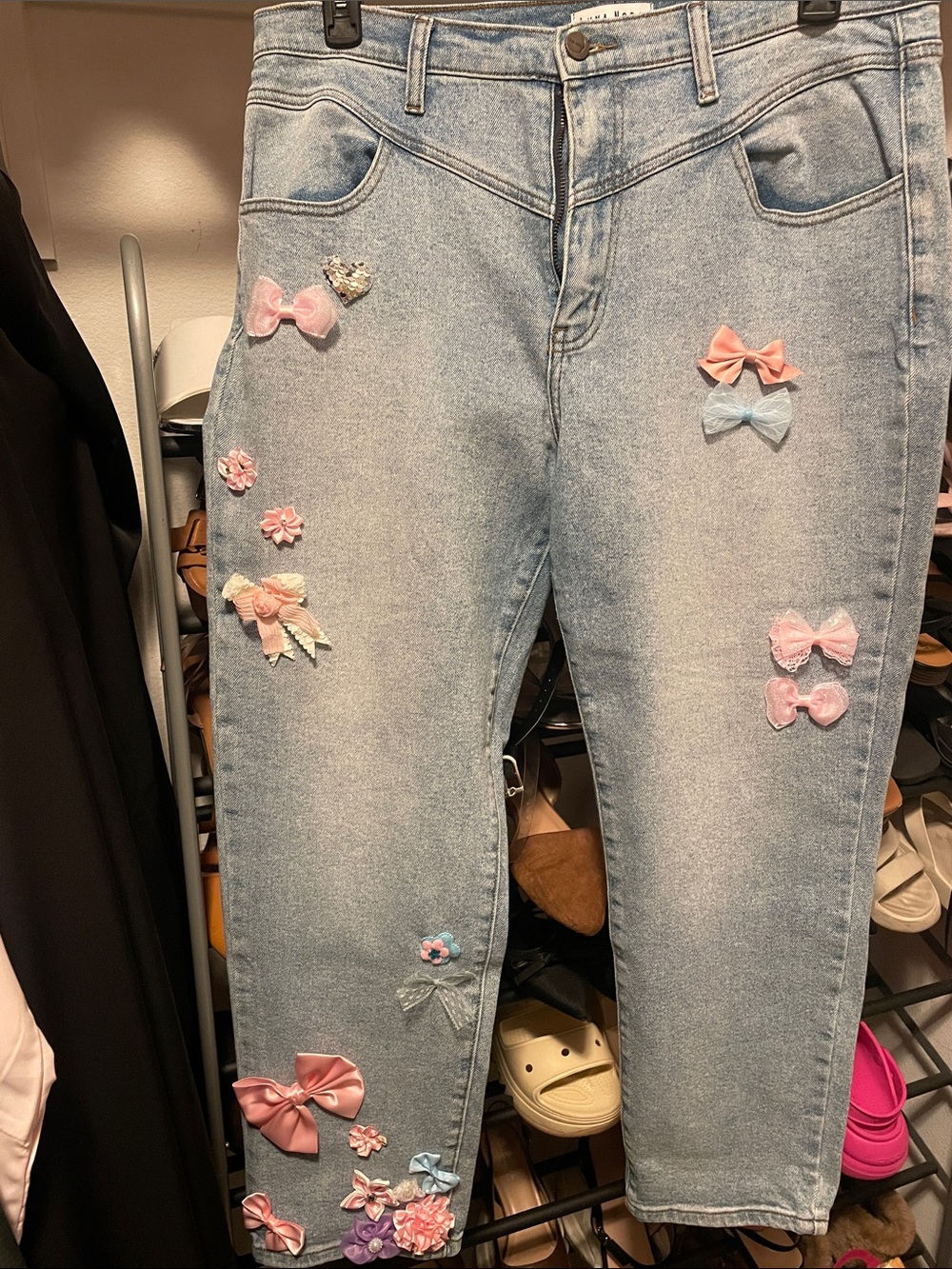 Hand sewn decorated jeans